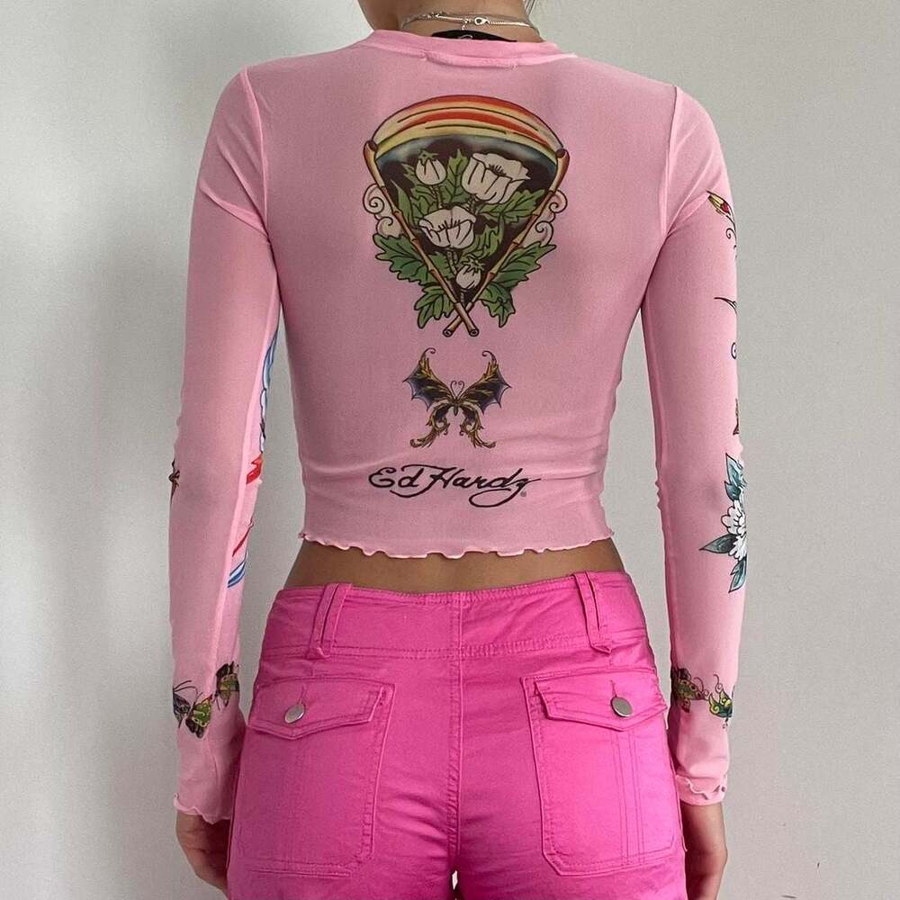 Ed Hardy x Siberia Hills Pink Mesh Tattoo Long Sleeve Top - Picture 2 of 2